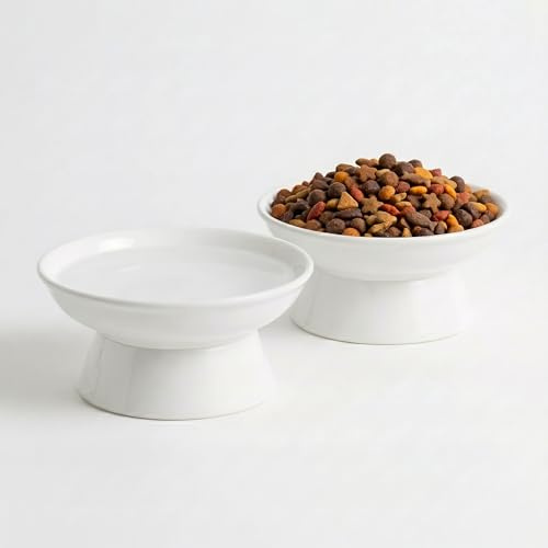 YULL Gamelles Surélevées pour Chat en Céramique, 16 cm x 6 cm Bol pour Nourriture et Eau Blanc, Design Plat Ergonomique Anti-Fatigue des Moustaches (Lot de 2)