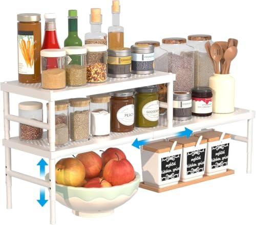 HI NINGER 2er Set 42–72 cm Erweiterbares Schrankregal, Küchen Organizer Verstellbar & Stapelbar, Gewürzregal für Küchenschrank, Arbeitsplatte & Speisekammer (Weiß)
