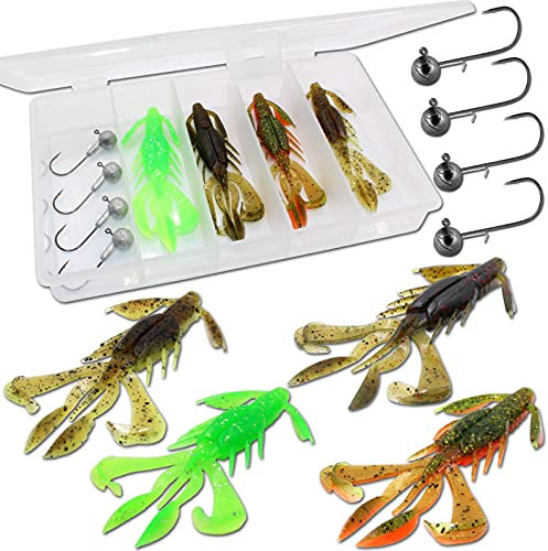 Angel-Berger Gummiköder Crawler Jig Set mit 4 Krebsen und Jighaken für Barsch und Zander, Länge 9cm