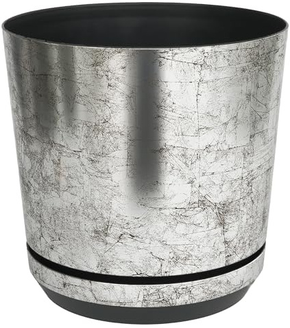 KERD Grand Pot de Fleurs d'Intérieur Décoratif 26 cm, Style Classique et Vintage Couleur Vieil Argent, Rond avec Soucoupe, Fabriqué en Europe, Plastique Recyclé