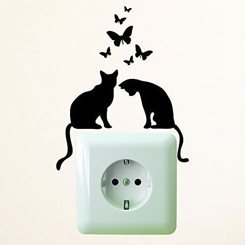 Wandtattoo Loft „Zwei Katzen mit Schmetterlingen“ Größe 10 x 12 cm/Aufkleber für Steckdose oder/und Lichtschalter/ 49 Farben zur Auswahl/weiß /