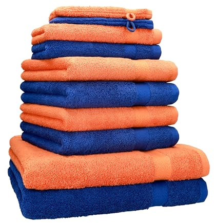 Betz 10 TLG. Handtuch Set Premium 100% Baumwolle 2 Duschtücher 4 Handtücher 2 Gästetücher 2 Waschhandschuhe Farbe Royal Blau & Orange Terra