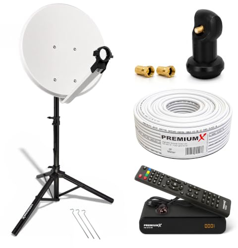 PremiumX Camping Komplett Sat Anlage 45cm Satelliten-Schüssel Single LNB 10m Kabel F-Stecker Dreibein Stativ HDTV Receiver