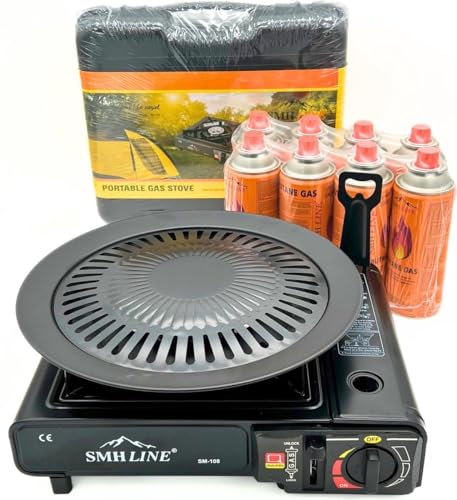 Gaskocher Campingkocher set inkl. 8 Butan Gas Kartuschen 227g Campingkocher 1- flammig max. Leistung 2,2 KW Camping Herd Outdoor Tischgrill Piezozündung Tragekoffer