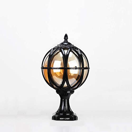 HONY-LIGHT Retro Außensäulenleuchte Kugel Wasserdichte Schwarz Sockelleuchte Im Freien Gartenleuchte Rasen Terrasse Villa Balkon Zaun Hotel Landschaft Innenhöfe Wegeleuchte (27.5 * 14 * 48 cm)