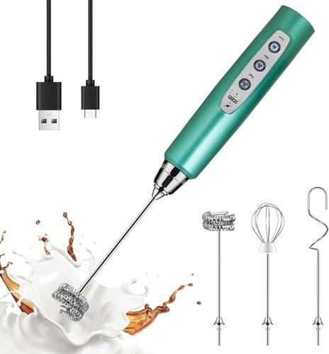 YUSWKO Espumador de leche de mano verde para café, batidor eléctrico recargable con 3 cabezales, 3 velocidades, mezclador de bebidas, espumador de café para latte, capuchino, chocolate caliente, huevo
