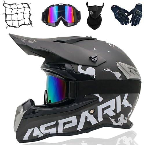 VOMI Casco de Cross Hombre y Mujer Casco Todoterreno Set Adulto con Gafas Guantes Máscara Bloqueo de Casco, Casco de Motocross para Niños Dirt Bike Downhill Enduro Quad BMX Descenso, Negro Mate,L