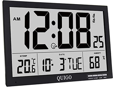 QUIGO Large Digital Wall Clock, 17' Huge Office Clock Living Room Kitchen Temperature Humidityu Battery Powered Big Numbers(Black)