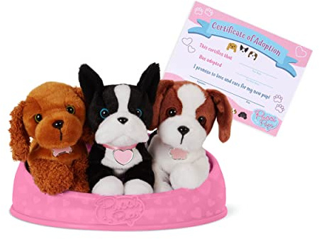 Pucci Pals Adopt-A-Pup Plüschwelpen-Set mit Hundebett und Urkunde, Theme 1 | 5-teiliges Set mit 3 Plüschwelpen, weichem Hundebett und Adoptionsurkunde; Namensetiketten zum Personalisieren; 2+ Jahre