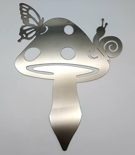 ARTTEC Pilz Schnecke Schmetterling (Edelstahl, B24 x H33 cm) - hochwertige Gartendeko aus Metall - Edelstahldeko für Garten, Balkon & Terasse - Metall Gartenstecker - Made in Germany