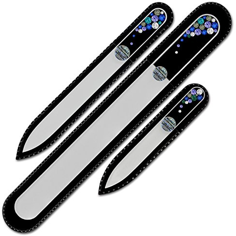Mont Bleu Set bestehend aus 3 Glasnagelfeilen von Hand dekoriert mit Swarovski Elements, geliefert in einer Hülle aus schwarzem Samt - Echtem gehärteten Glas aus Tschechien