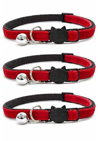 Katzenhalsband, Samt, mit Glöckchen, sichere Schnellverschluss-Schnalle, erhältlich in Katzen- und Kätzchen-Größe, 3 Stück, Katzenhalsband (20 cm - 30 cm), roter Samt (3 Stück)