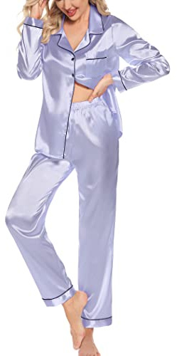 Leikar Seiden-Pyjama, langärmelig, Pyjama-Sets für Damen, weich, Knopfleiste, Pyjama-Set, Lavendel, Größe XXL