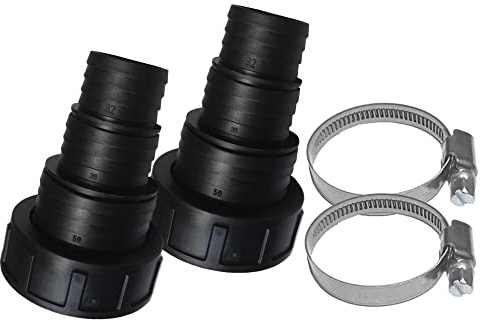 2 Stück: Stufenschlauchtülle Ø32 / 38 / 50mm mit Überwurfmutter und Dichtung, 2 Zoll Innengewinde, inkl. 2x Schlauchschelle Ø40-60mm (Edelstahl)