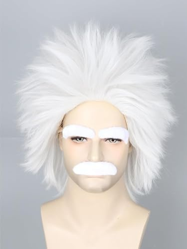 LeMarnia Herren Weiß Kurze Lockige Perücke und Bart Verrückte Wissenschaftler Perücke Halloween Kostüm Cosplay Perücken