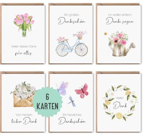 6 Dankeskarten im Set | Karte Danke | 6 Klappkarten inklusive Naturkuvert | Dankeschön | Karte Danke sagen (Danke)