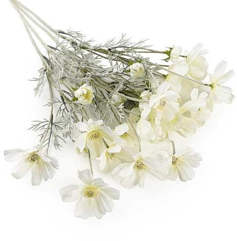 HUIANER 4PCS Artificial Wild Flower Fake Cosmos with Long stem Faux Silk Flowers for Wedding Bridal Bouquet Wreath Table Centerpiece Outdoor Decor (White)