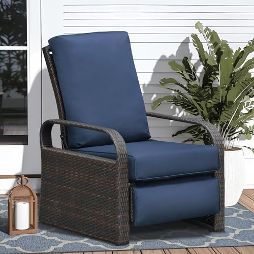 Skypatio Oversized Indoor & Outdoor Wicker Recliner, Adjustable All-Weather Wicker Patio Reclining Chair, Aluminum Patio Rattan Armchair with Thick Cushion