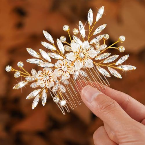 Zoestar Blumen-Braut-Hochzeits-Haarkamm, goldener Strass-Kopfschmuck, Brautkristall-Blatt-Haarschmuck für Frauen und Mädchen
