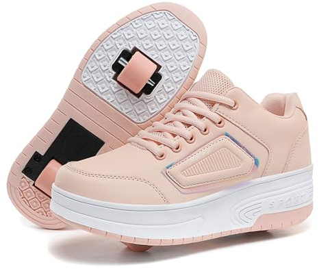 Skor med hjul för flickor pojkar enkelhjul/dubbelhjul justerbara rullskridskor infällbara sneakers med hjul för barn rullskridskor för utomhussporter, 32 EU