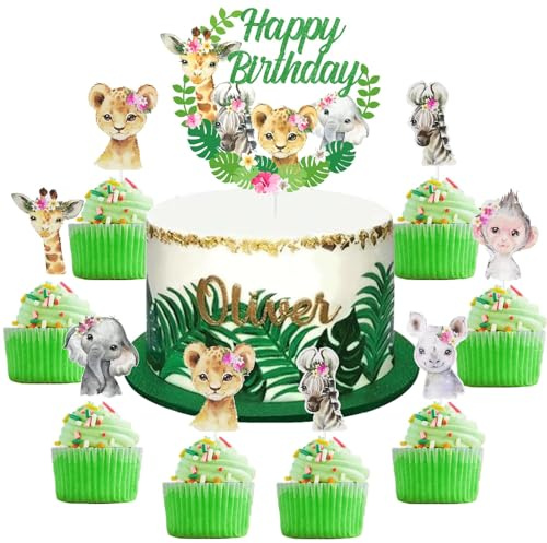 Dschungel Geburtstag Kuchen Topper Mädchen, Dschungel Geburtstag Party Zubehör für Mädchen, 25pcs Safari Tier Kuchen & Cupcake Toppers für Wild One, Two Wild Birthday