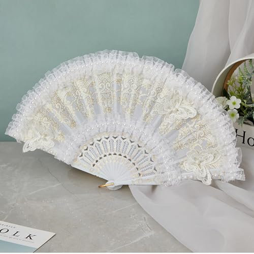 Lidzopas Faltbarer Handfächer für Damen, Spitze, faltbar, Vintage, Handfächer, bestickt, Braut-Handfächer, Hochzeitsrequisiten mit Kunststoffrahmen, für Hochzeit, Tanzen, Party, Schmetterling, 1 Stück