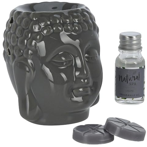 Murago - Buddhakopf Duftlampe Geschenkset Grau - Aromalampe Keramik für Teelicht Duftöl & Duftwachs Lotsduft Dekofigur Blumiger Duftlampenset Buddha Figur