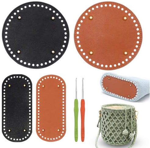FYSL 4 Piezas Bolso Cojín de Parte Inferior de Cuero de PU Tejido de Punto de Ganchillo Bolsa Base Redondo Almohadilla Inferior de Bolso con Agujeros para Bolso Tejida a Mano DIY (con Ganchillo)