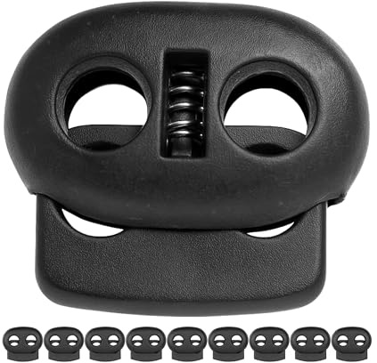 Tope de cordón, 2 agujeros, 10 piezas, negro, para cordones de hasta Ø 7 mm, clip de cinta, chaqueta, ropa, mochila, tope de cordón elástico, cordones de cierre rápido, deslizador de cordón