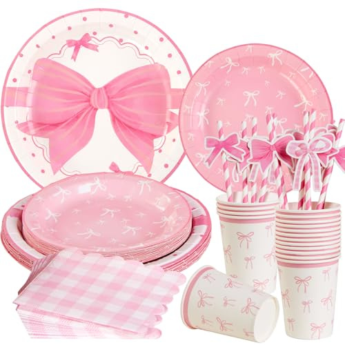 SUNBEAUTY 80Pcs Pink Bow Paper Plates 9Inch Party Plates Cups and Napkins