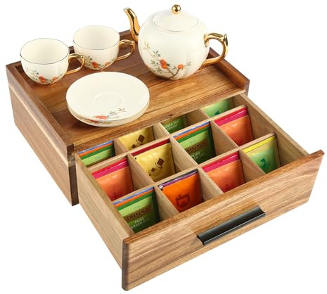 Acacia Wood Tea Bag Organizer - 12-Compartment Capacity Tea Box Organizer Storage Box with Drawer, Tea Accessories for Tea Bags Storage Drawer, Tea Station for Countertop