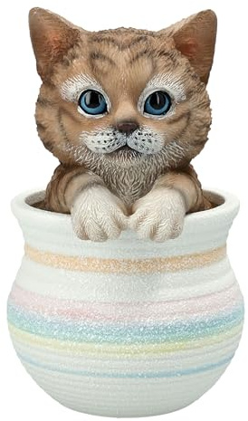 Figuren Shop GmbH Dekofigur Katze im Blumentopf – Braun getigertes Kitten, handbemalte Deko Statue, 16 cm Höhe