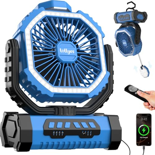 lollyes Outdoor Camping Ventilator mit Licht, 20000mAh Akku, wiederaufladbarer tragbarer Ventilator mit Fernbedienung und 360°-Haken für Camping, ideal für Innenräume, Reisen, Zelte und Angeln