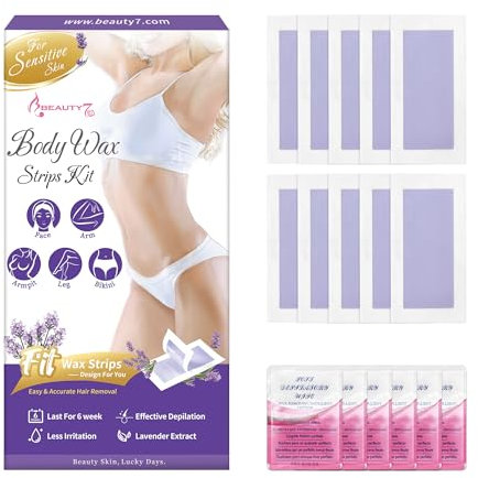 Beauty7 Kaltwachsstreifen Körper Beine Bikini Wachsstreifen zur Haarentfernung für alle Hauttypen sensibler Haut perfekte Verarbeitung langanhaltende Haarentfernung 20 Wachsstreifen 6 Pflegetücher