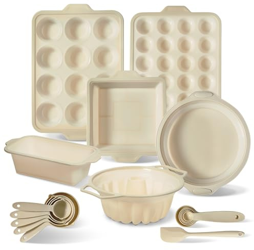 COOK WITH COLOR 17 Pc. Silicone Baking Pan Set - Non-Stick & Easy Clean Silicone Muffin Pans for Baking with Sturdy Metal Frame for Stability, Flexible Cake Molds, Includes Measuring Cups and Spoons