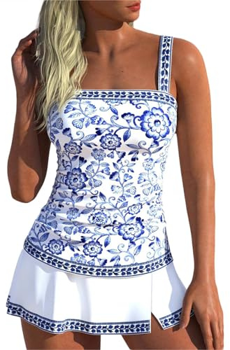 ROSEWE Womens Tummy Control Tankini Bathing Suits, Two Piece Ruched Swimsuits, Floral Print Swimdress with Skirt