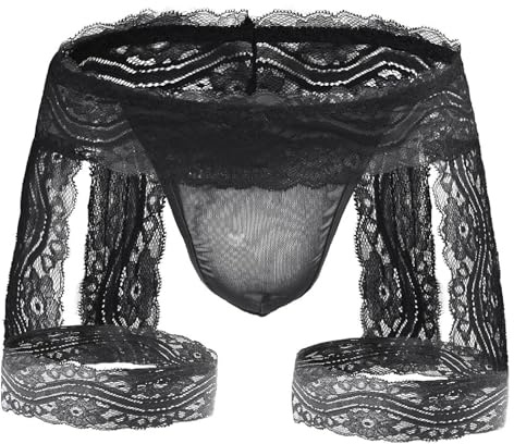 ROSVAJFY Men's Sexy Thong Underwear, Sheer Lace Sissy Pouch Gay Panties Lingerie with Garter for Athletic Underpants, Jockstrap Briefs (UK, Alpha, One Size, Regular, Regular, Black) (Black)