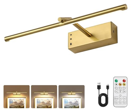 Joosenlux modern brass picture light - 16in rechargeable wireless wall lights with Remote, adjustable Swing Arm, dimmable 3cct battery operated lamp for art Display, photo gallery canvas and paintings