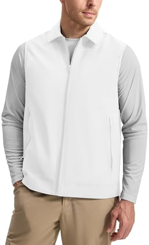 Rdruko Men's Golf Vest Lightweight Outerwear Windproof Water Resistant Grid Lining Vest with Zipper Pockets for Casual white XL