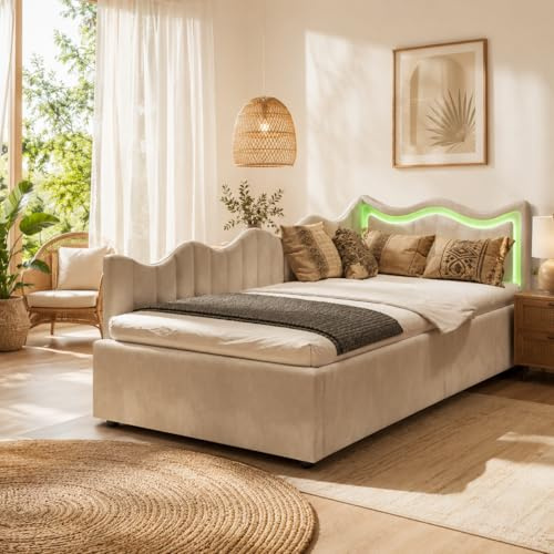SUNFECILI Jugendbett 90x200 cm Schlafsofa mit Bettkasten, Polsterbett Daybett mit Kopfteil, Schlafsofa Einzelbett gepolstert mit Lattenrost, Boxspringbett mit Bettkasten, Tagesbett(Beige Samt)