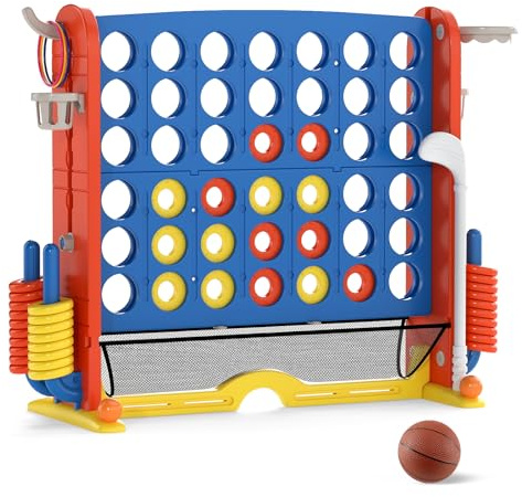 COSTWAY Giant Connect 4, Four in A Row Game Set with 42 Chess Rings, 3 Toss Rings, Basketball Hoop, Mesh Pocket & Carrying Bag, Indoor Outdoor 4-to-Score Games for Kids Adults (Red + Navy)