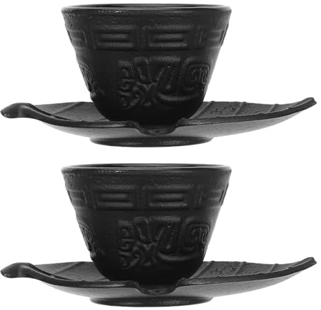 MOLUCKFU Juego de Tazas de Té Vintage de Hierro Fundido 2 Piezas con Platillos en Forma de Hoja para Té Tradicional Chino Taza Retro Decorativa para Merienda
