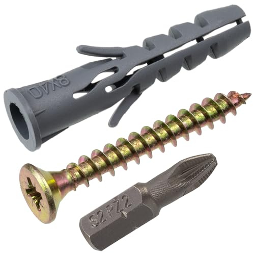AERZETIX - Kit di 25 tasselli universali con collarino Ø8x40 mm in nylon + 25 viti per legno Ø5x40 mm + 1 punta di avvitamento PZ2 1/4 | per progetti di fai da te e ristrutturazione