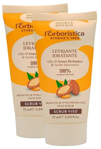 2x Scrub Viso LEVIGANTE IDRATANTE Con Olio Di Argan Biologico e Acido Ialuronico. Il 98% Degli Ingredienti Sono Di Origine Naturale, 0% Olii Minerali, Siliconi e Coloranti 75ml