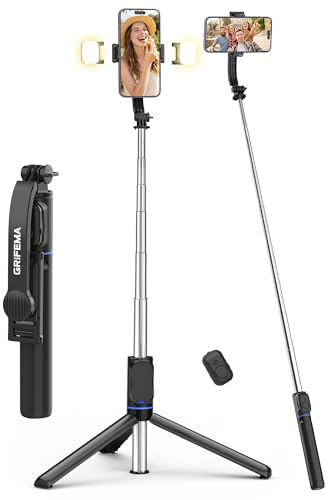GRIFEMA Bastone Selfie Treppiede con Luci LED, Treppiede Estensibile 107cm con Telecomando, 3 Modalità & 6 Livelli di Luminosità, Supporto Rotante 360°, Selfie Stick Portatile per iPhone & Android