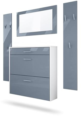 InnoFurn Garderoben-Set Roma Air 4-teilig, Moderne Flurgarderoben Set mit Schuschrank, 2 Wandpaneele und Wandspiegel für Flur & Eingangsbereich,Weiß matt/Grau Hochglanz