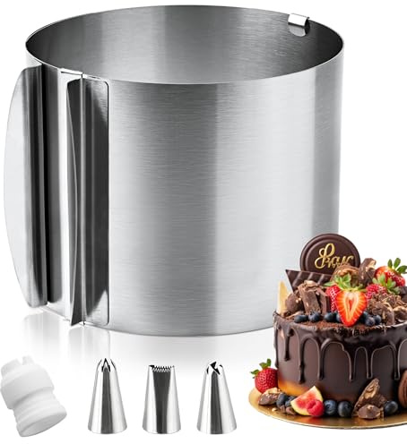 Forbabe Tortenring Hoch 20CM, Tortenring Verstellbar Edelstahl Backring | Ø16-30 cm,Tortenringe mit Skala,3 Dekorierdüse, Anschlüsse, Torten Ring Kuchenring Rund Verstellbar zum Backen und Dekorieren