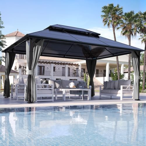 Amopatio Gartenpavillon 4.9x3.7m Wasserdicht Stabil Winterfest, Pavillon mit Polycarbonat - Doppeldach, Hardtop Pavillon mit Seitenteile für Garten, Terrassen, Grau