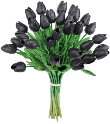 xitoio 30-pack konstgjorda tulpanstammar, äkta beröring latex falska tulpaner blommor med böjbara PU-stjälkar, falsk blommig dekor för påsk våren, bröllopsbukett, bordsuppsats, hembord (svart)