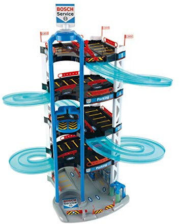 Theo Klein 2813 Bosch Car Service Parkhaus I Mit 5 Ebenen, doppelter Abfahrtrampe, 2 Rennautos, Fahrstuhl und vielem mehr I Maße: 55 cm x 55 cm x 85 cm I Spielzeug für Kinder ab 3 Jahren, Multi-colored